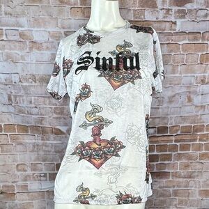 Sinful By Affliction Sacred Heart Rose Graphic Short Sleeve Tee - NWT - Size : L